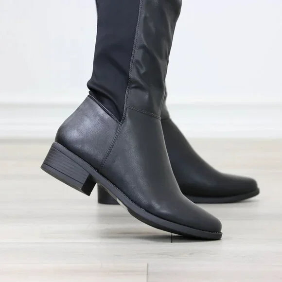 Low Heel Thigh High Boots Over The Knee Faux Leather & Stretchy Material Mix - Picture 13 of 15